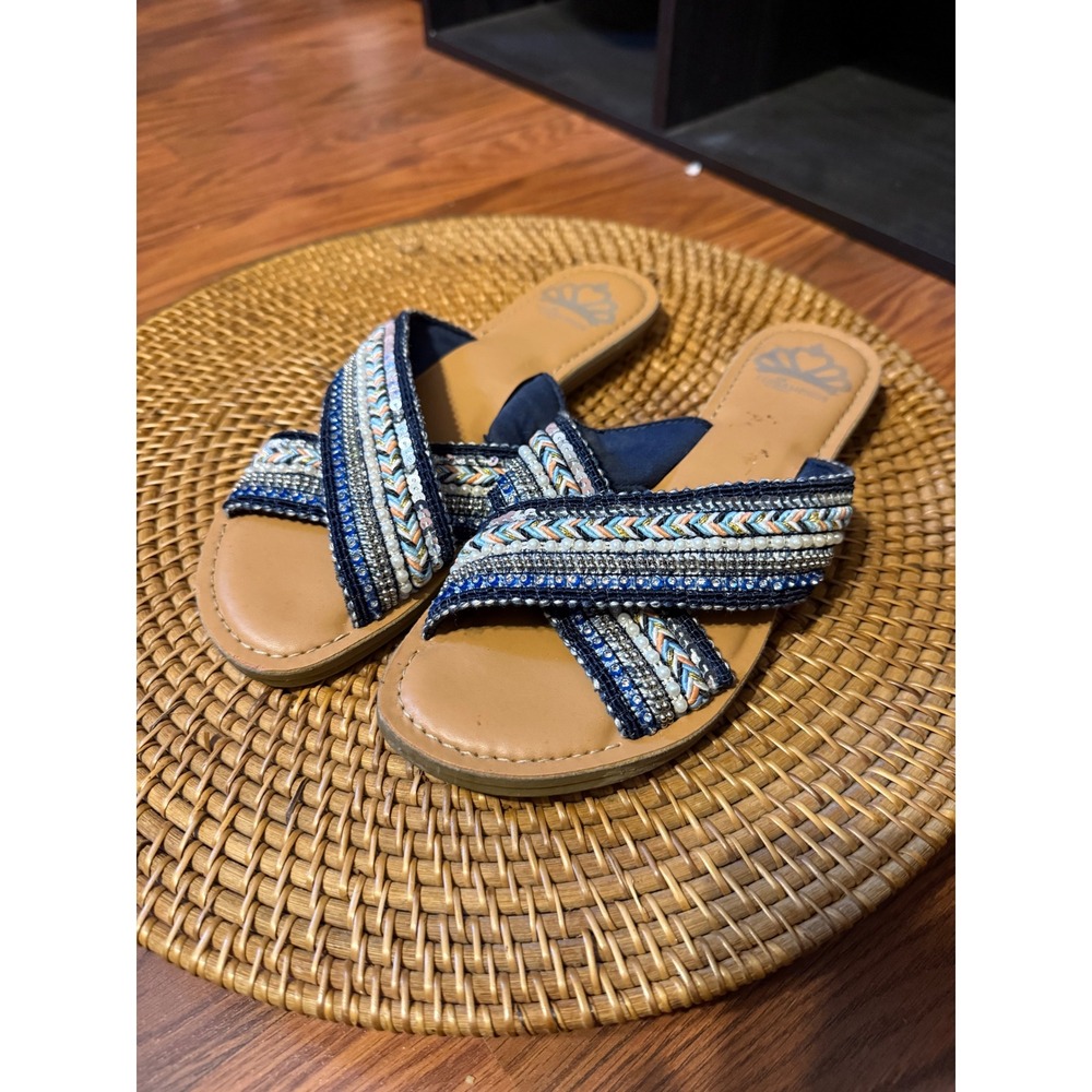 Fergalicious by Fergie Starlit Beaded Sequin Crisscross Slide Sandals Blue 6.5M - Picture 1 of 12